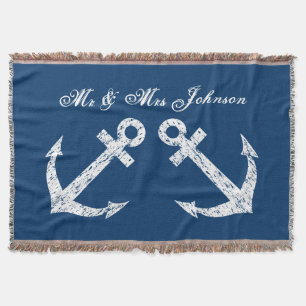 Nautical anchor mr and mrs throw blanket   Blue