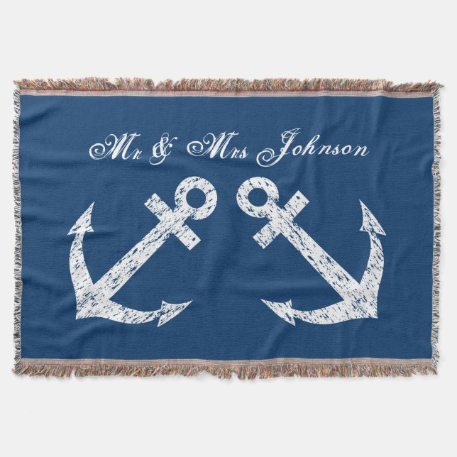 Nautical anchor mr and mrs throw blanket | Blue (Front)