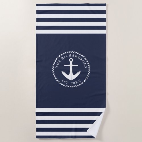 Nautical Anchor Name Modern Navy Blue White Beach Towel