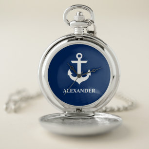 Nautical Anchor Name Navy Blue Pocket Watch
