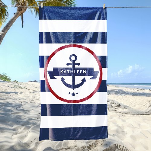 Nautical Anchor Name Navy Blue Stripes Beach Towel