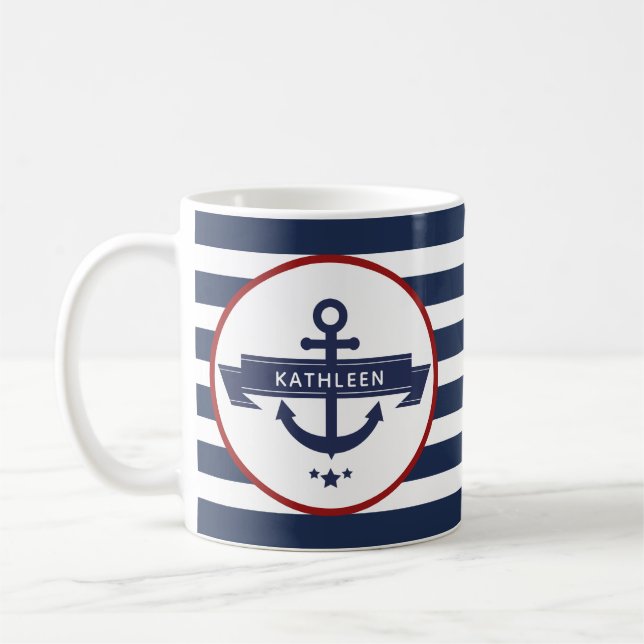 Nautical Anchor Name Navy Blue Stripes Coffee Mug (Left)