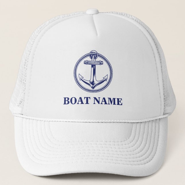 Nautical anchor Name of boat Marine Blue Trucker Hat (Front)