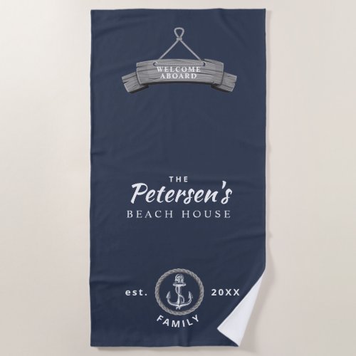 Nautical anchor name personalized navy blue beach towel