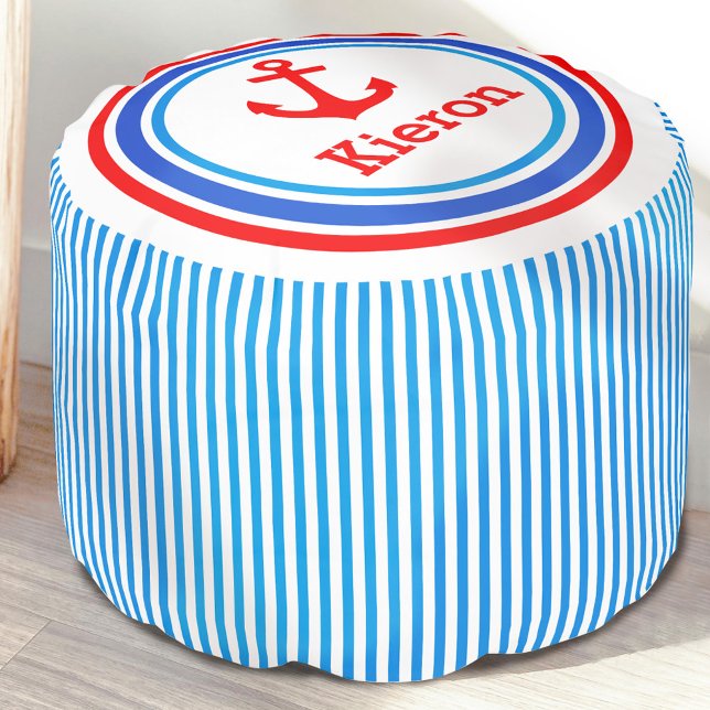 Nautical anchor named striped red blue round pouf (Creator Uploaded)