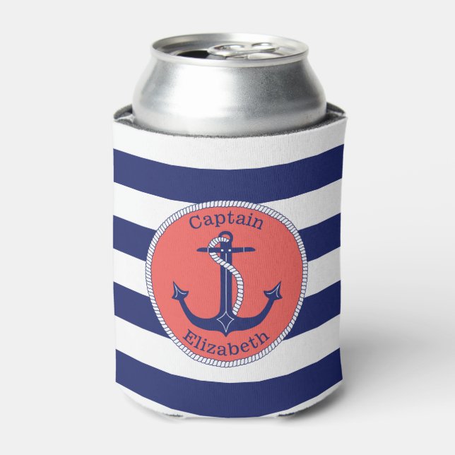 Nautical Anchor Navy and Coral Personalized Can Cooler (Can Front)