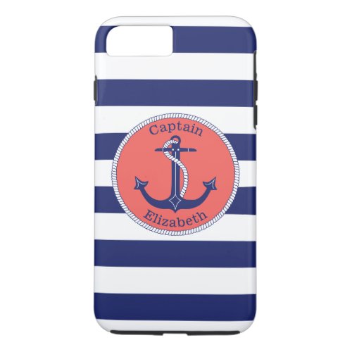 Nautical Anchor Navy and Coral Personalized iPhone 8 Plus7 Plus Case