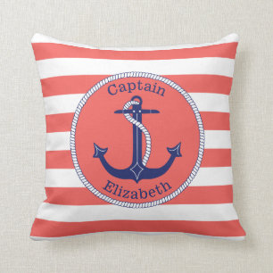 Nautical Anchor Navy and Coral Personalized Throw Pillow