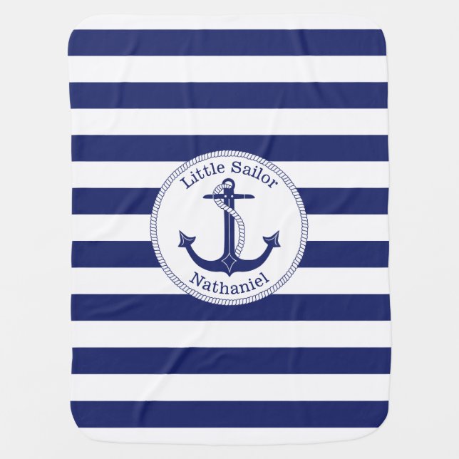 Nautical Anchor Navy and White Personalized Stroller Blanket (Front)
