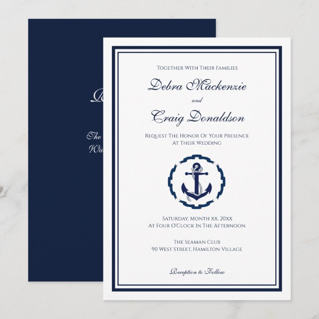 Nautical Anchor, Navy and Whtie Wedding Invitation (Front/Back)