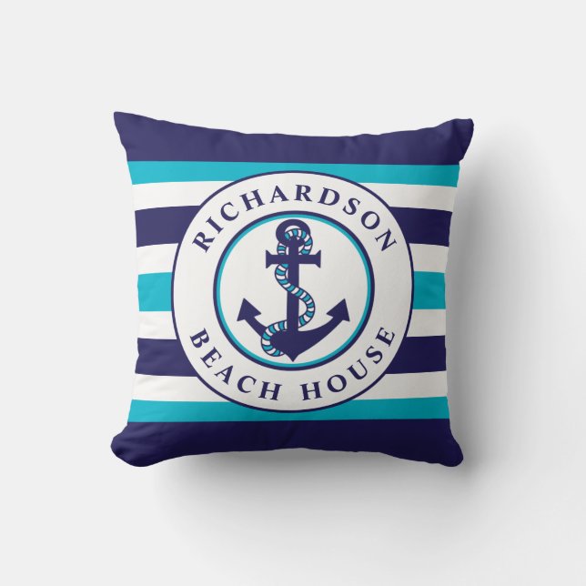 Nautical Anchor Navy Aqua Blue Stripes Personalize Throw Pillow (Front)