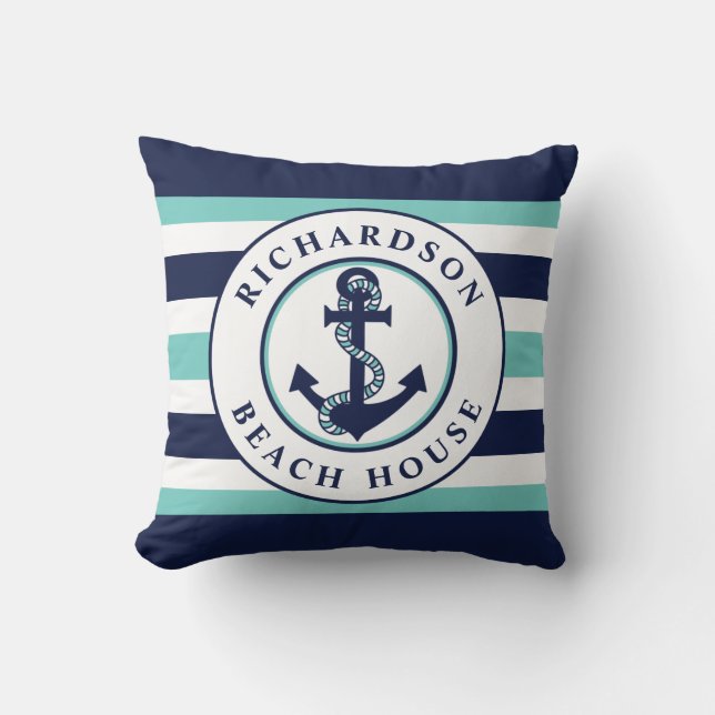 Nautical Anchor Navy Aqua Stripes Family Name Throw Pillow (Front)
