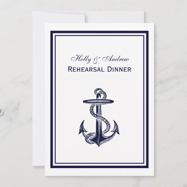 Nautical Anchor Navy Blu Frame 2V Rehearsal Dinner Invitation (Front)