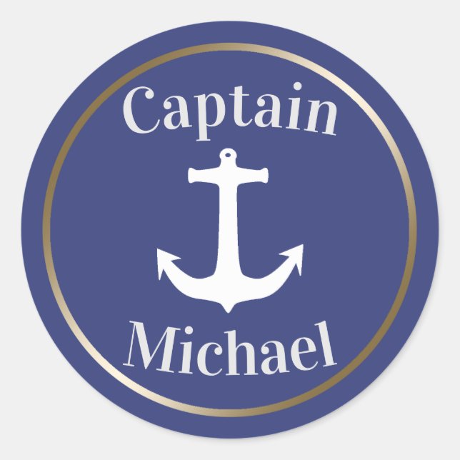 Nautical Anchor Navy Blue and Gold Captain Name Classic Round Sticker (Front)