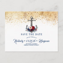 Nautical Anchor Navy Blue and Red Save the Date Announcement Postcard