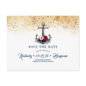 Nautical Anchor Navy Blue and Red Save the Date Announcement Postcard
