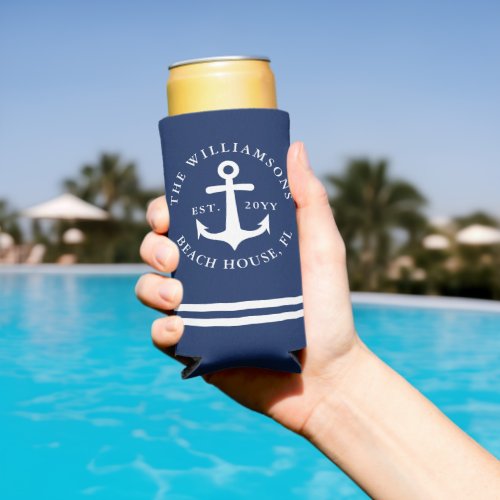 Nautical Anchor Navy Blue and White Beach House Seltzer Can Cooler