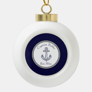Nautical Anchor Navy Blue and White  Ceramic Ball Christmas Ornament
