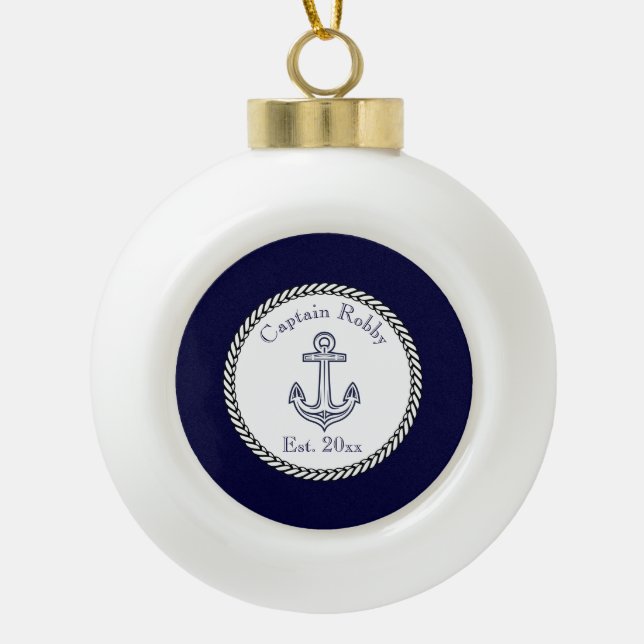 Nautical Anchor Navy Blue and White  Ceramic Ball Christmas Ornament (Front)