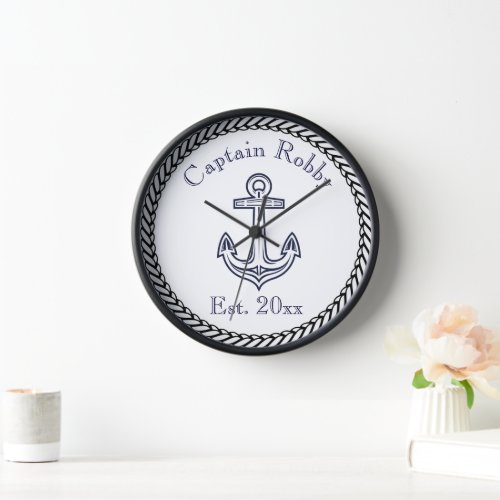 Nautical Anchor Navy Blue and White Clock