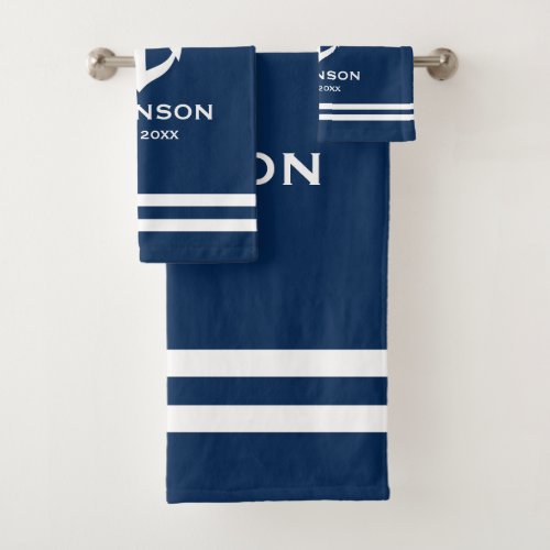 Nautical anchor navy blue and white custom name bath towel set
