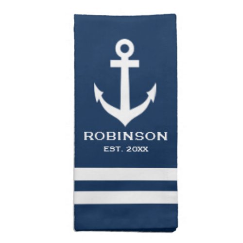 Nautical anchor navy blue and white custom name cloth napkin