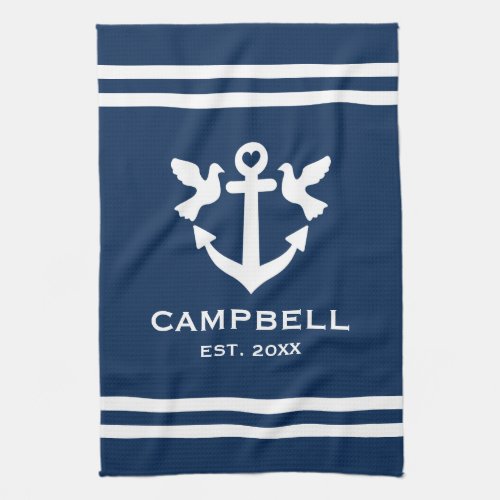 Nautical anchor navy blue and white doves wedding  kitchen towel