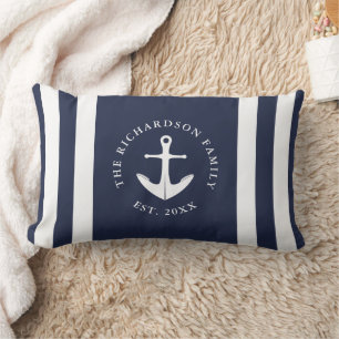 Nautical Anchor Navy Blue and White Family Lumbar Pillow