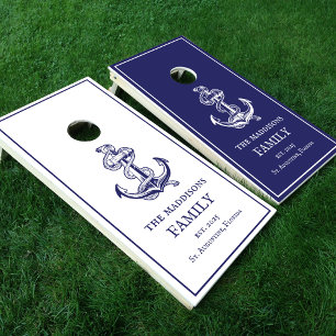 Nautical Anchor Navy Blue and White Family Name Cornhole Set