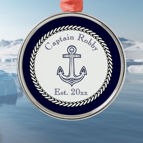 Nautical Anchor Navy Blue and White Metal Ornament