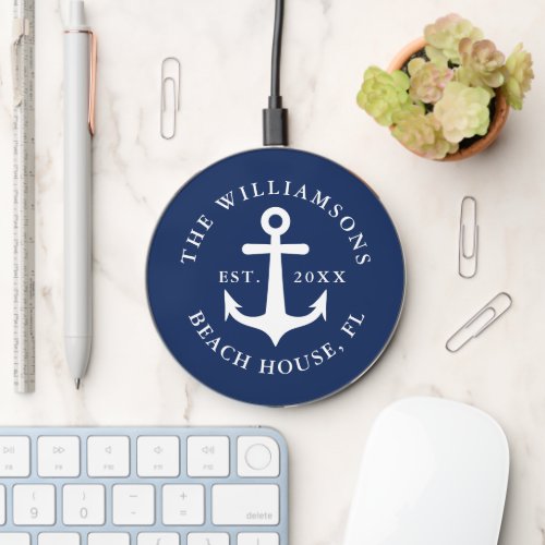 Nautical Anchor Navy Blue and White Monogrammed Wireless Charger