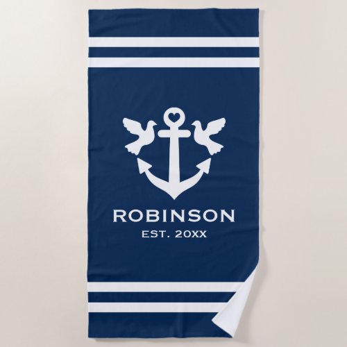 Nautical anchor navy blue and white newlyweds gift beach towel