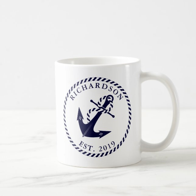 Nautical Anchor Navy Blue and White Personalized Coffee Mug (Right)