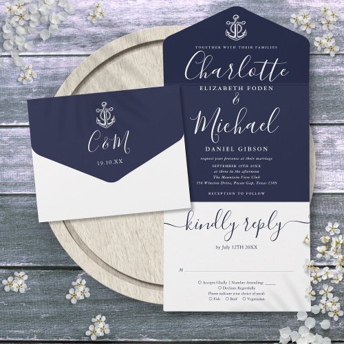 Nautical Anchor Navy Blue And White Script Wedding All In One Invitation