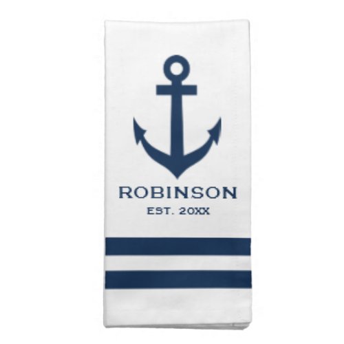 Nautical anchor navy blue and white striped custom cloth napkin