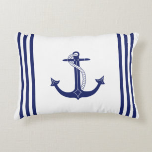 Nautical Anchor Navy Blue and White Stripes Accent Pillow