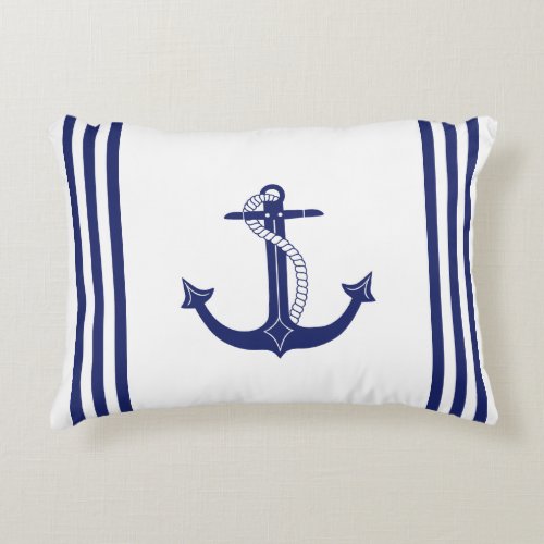 Nautical Anchor Navy Blue and White Stripes Accent Pillow