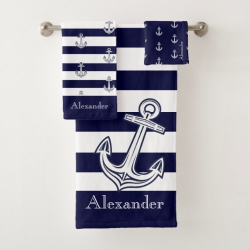 Nautical Anchor Navy Blue  and White Stripes Bath Towel Set