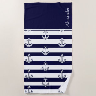 Nautical Anchor Navy Blue and White Stripes Beach Towel