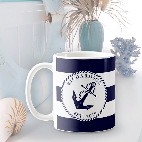 Nautical Anchor Navy Blue and White Stripes Custom Coffee Mug