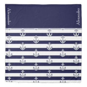 Nautical Anchor Navy Blue and White Stripes Duvet Cover