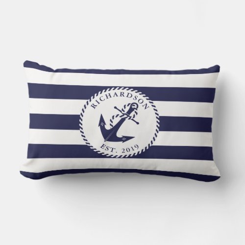 Nautical Anchor Navy Blue and White Stripes Family Lumbar Pillow