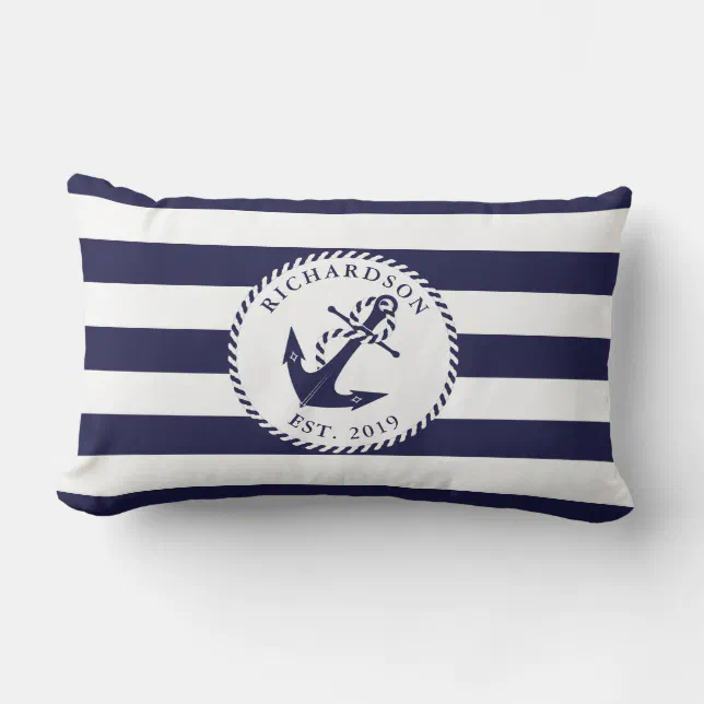 Nautical Anchor Navy Blue And White Stripes Family Lumbar Pillow 