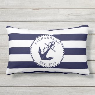 Nautical Anchor Navy Blue and White Stripes Family Lumbar Pillow