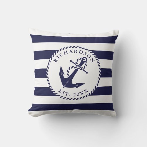 Nautical Anchor Navy Blue and White Stripes Family Outdoor Pillow