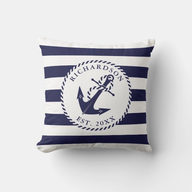 Nautical Anchor Navy Blue and White Stripes Family Outdoor Pillow (Front)