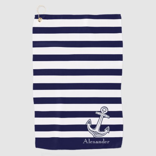 Nautical Anchor Navy Blue  and White Stripes  Golf Towel
