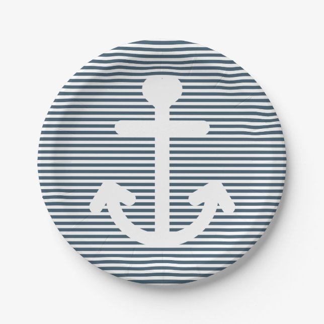 Nautical Anchor Navy Blue And White Stripes Paper Plates (Front)