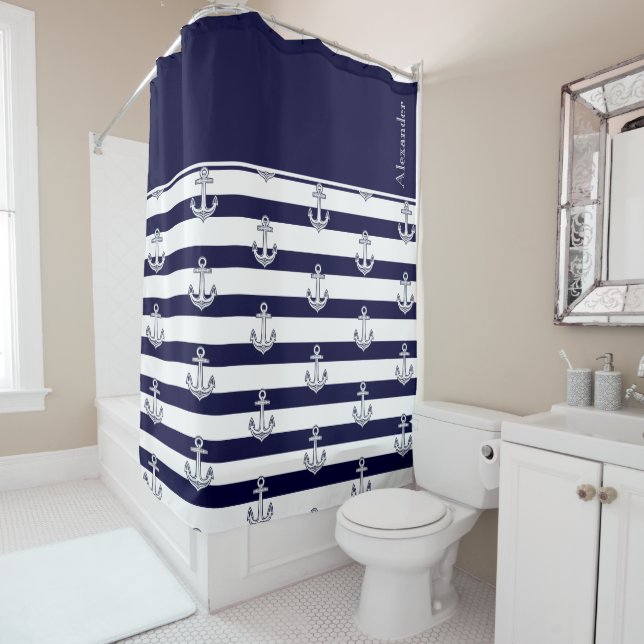 Nautical Anchor Navy Blue  and White Stripes Shower Curtain (In Situ)