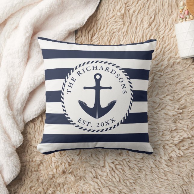 Nautical Anchor Navy Blue and White Stripes Throw Pillow (Blanket)
